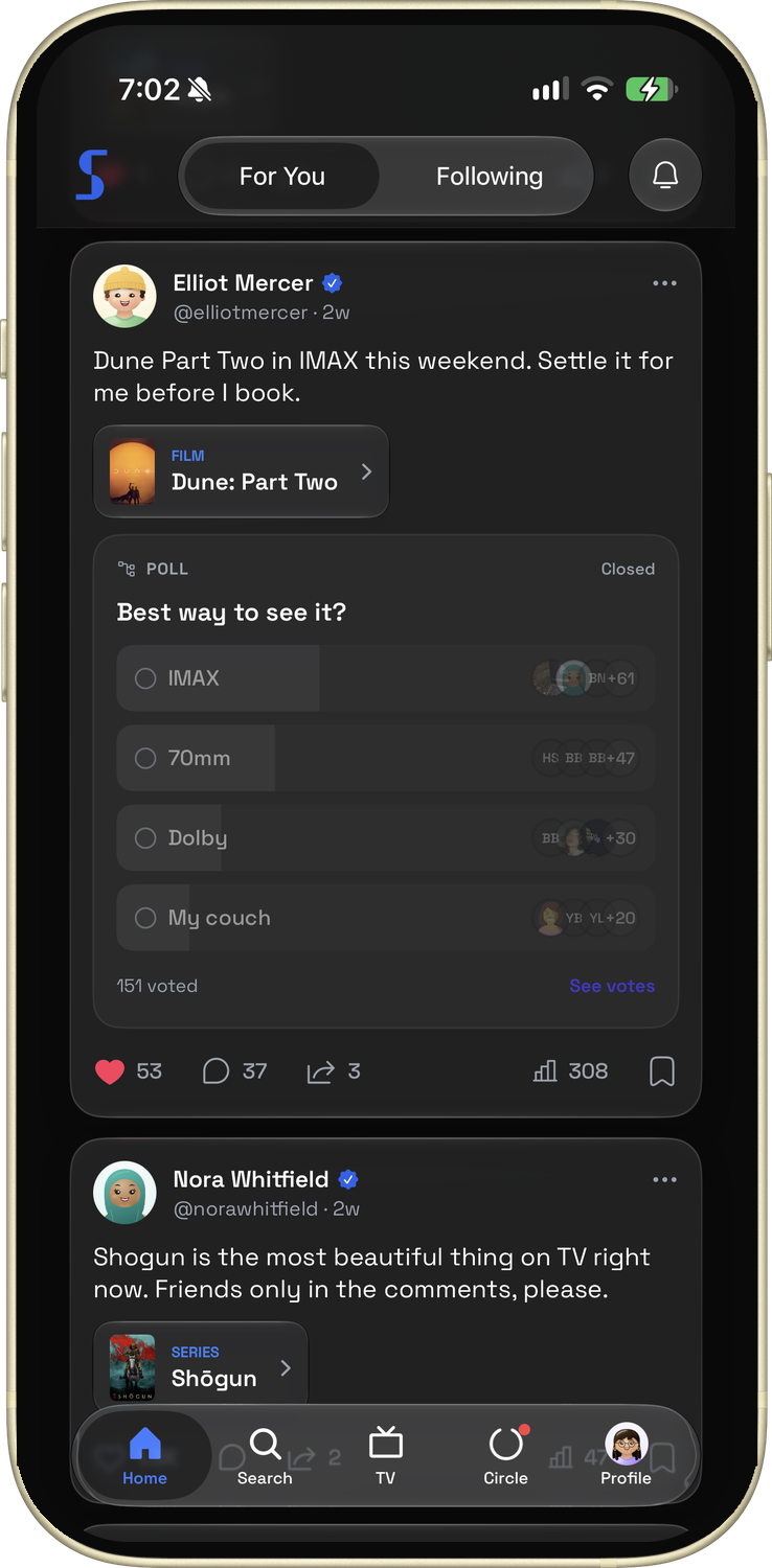 The Skreen Home screen: a post about Dune: Part Two with a poll on the best way to see it