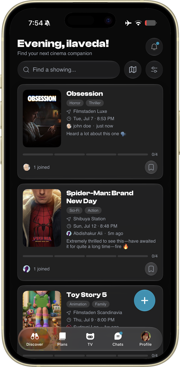 The Skreen Discover screen showing cinema plans near you